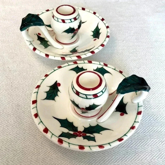 Vintage Set of 2 Lefton hand decorated holly berry candlestick holders - Picture 1 of 5